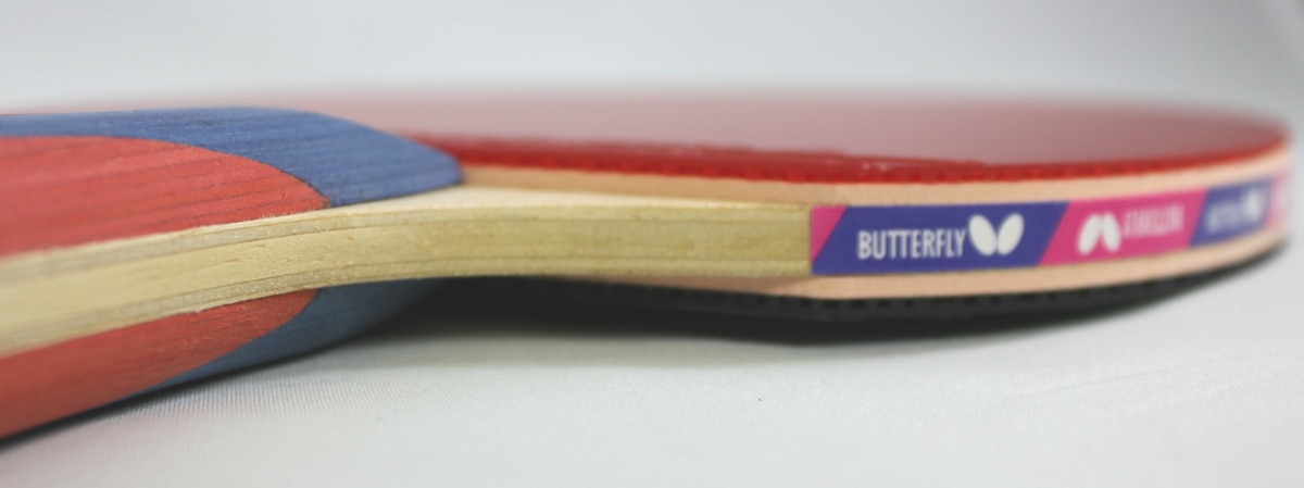 Butterfly Nakama S-8 Racket: Close-up of the rubber and blade